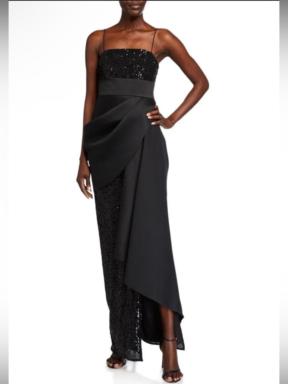 JAYGODFREY Amira Sequined Mesh Black Evening Gown Dress w Draped Front NWT $395
